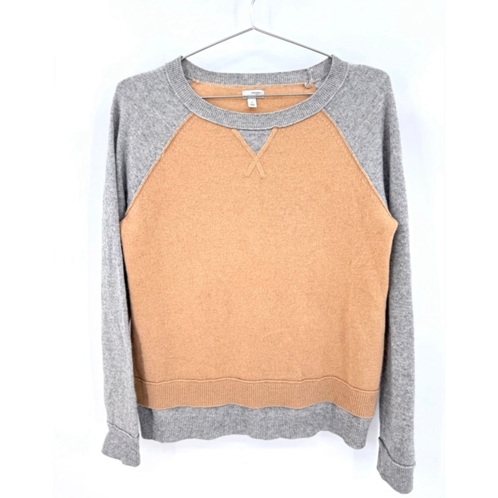 Halogen 100% Cashmere Sweater Tan Gray Raglan Sleeve Preppy Crewneck Size Medium